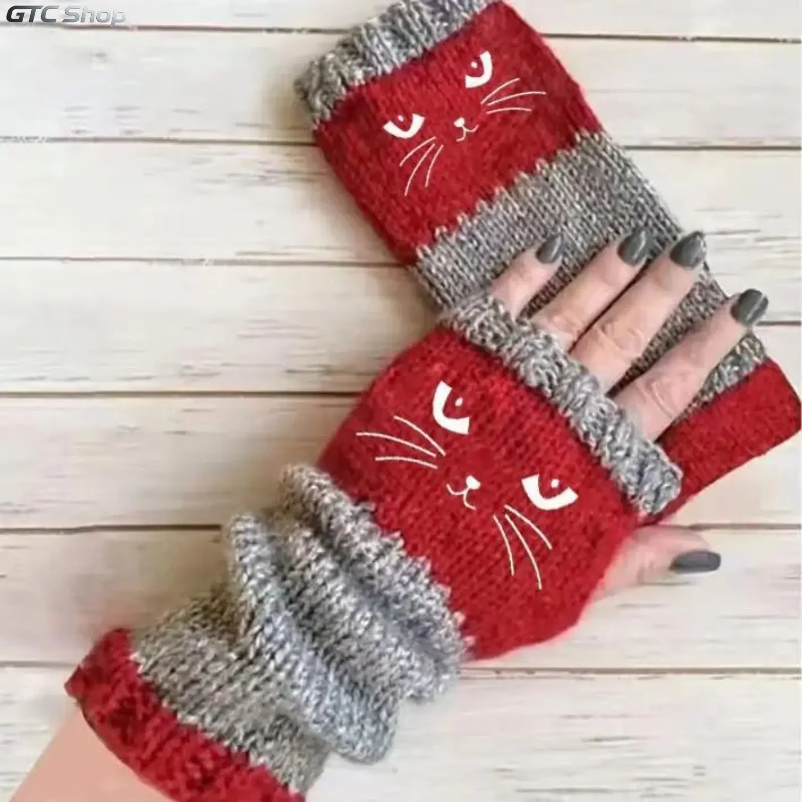 Women Knit Fingerless Gloves,Hand‑Crocheted Cat Cartoon Embroidery Gloves with Splicing Detail,Warm Cashmere‑Blend Fashion Accessory for Daily Wear