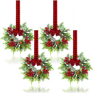 4Pcs Small Christmas Wreath Mini Wreaths with Red Berry Pine Eucalyptus for Door Kitchen Cabinets Window Fireplaces Decor