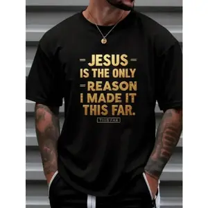 Women's Short-Sleeve Plain Ribbed Cotton Sports T-Shirt - Wearable Testimony & Gratitude Top with 'JESUS IS THE ONLY REASON I MADE IT THIS FAR' Motif, Lightweight Breathable Fabric, Loose Comfortable Fit for Confident Streetwise Look