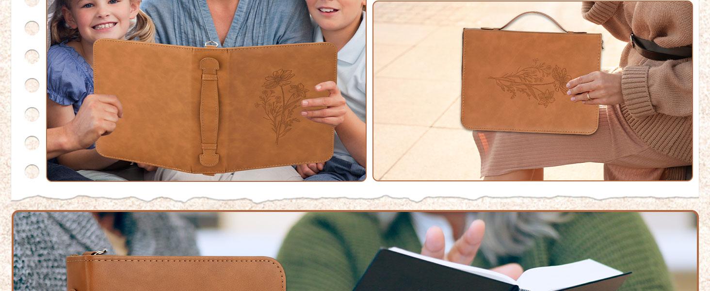 19PCS Floral Brown Leather Bible Cover Women Bible Cover Cases Teen Girls Christmas Gift Christian Carrying Bag Journaling Kit with Shoulder Strap Highlighter Pens & Book Marker Study Supplies