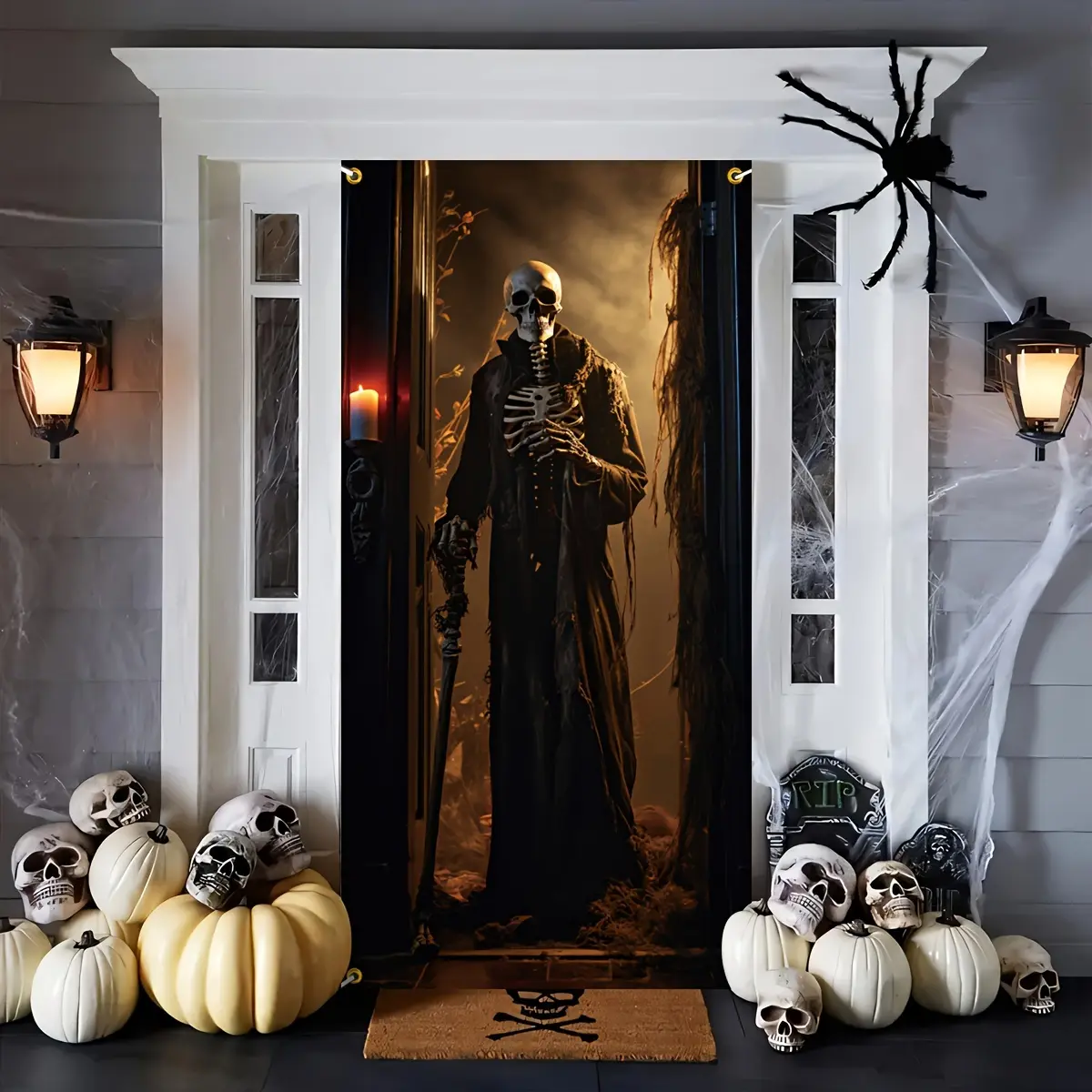 2D door decoration banner - 1 piece of Halloween skull door decoration, polyester material party curtain, suitable for indoor and outdoor holiday decorations, multi-functional wall hanging, can be used at the entrance, kdj