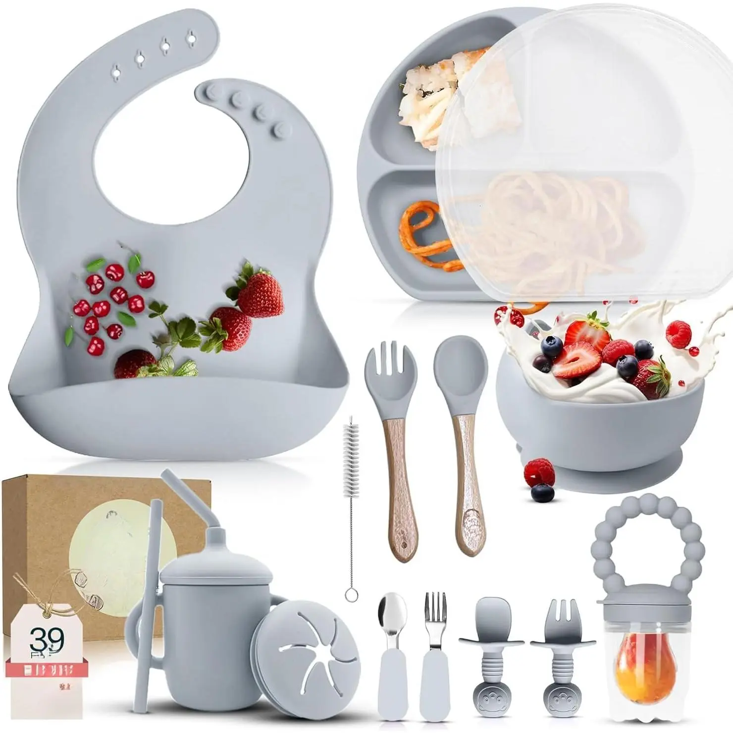 17-Piece BPA-Free Silicone Baby Feeding Set |   Thick & Soft Suction Plates, Baby Bowls, Wooden Fork & Spoon, and More |   Make Mealtime Fun and Easy  Your Little One (Grey, V2)