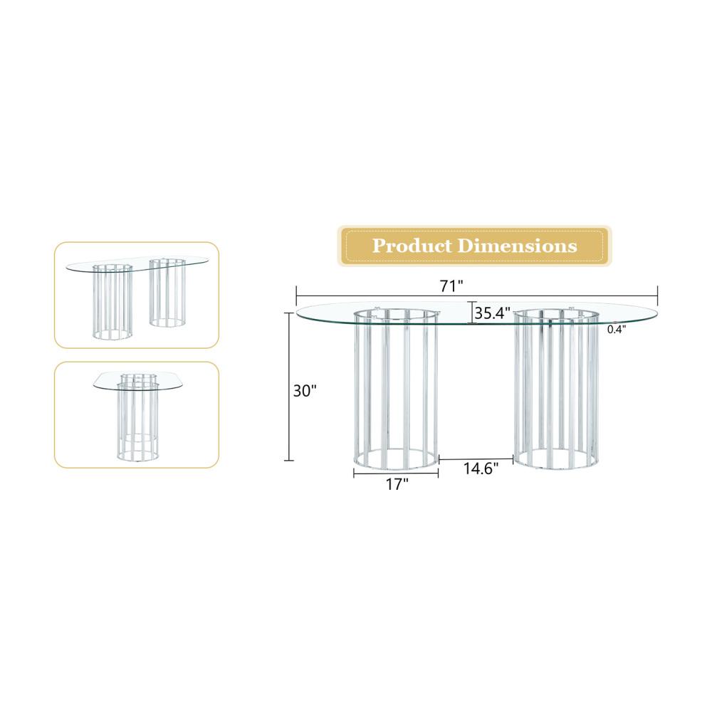 71 inch oval tempered glass dining table,black double column light luxury style,tempered glass scratch resistant and easy to clean.Suitable for 6-8 people dining, modern light luxury restaurant table.