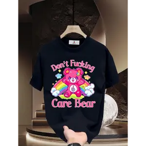 Funny and Satirical T-Shirt, Women Don't Care, Pink Rainbow Bear, Middle Finger, Dark Humor, Alternative and Avant-Garde, Loose and Comfortable Top, Prank Gift.