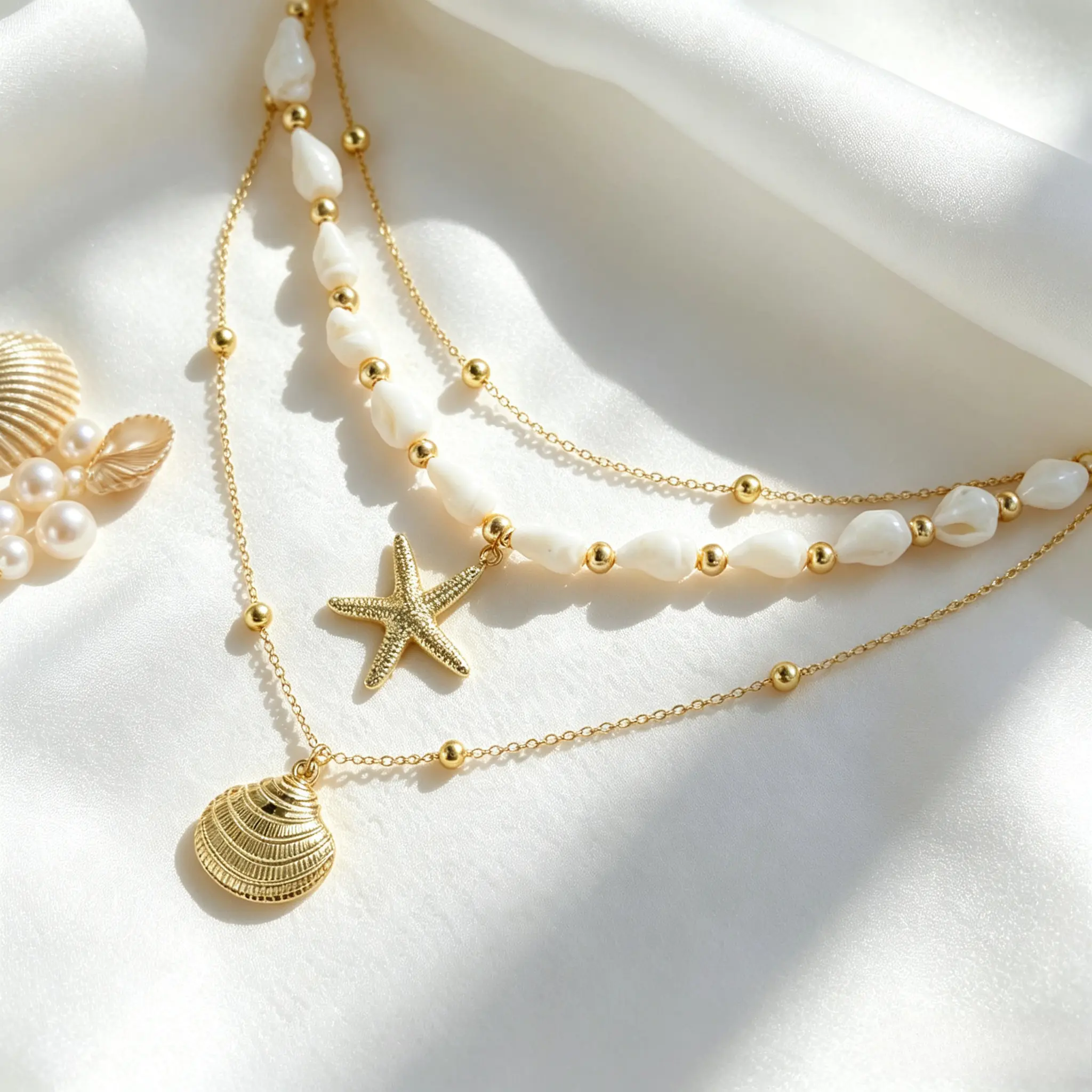 Layered Seashell Starfish Necklace For Women, Dainty Alloy Beach Choker, Conch Shell Beaded Chain, Versatile All‑Season Accessory For Summer Vacation Daily Casual Wear