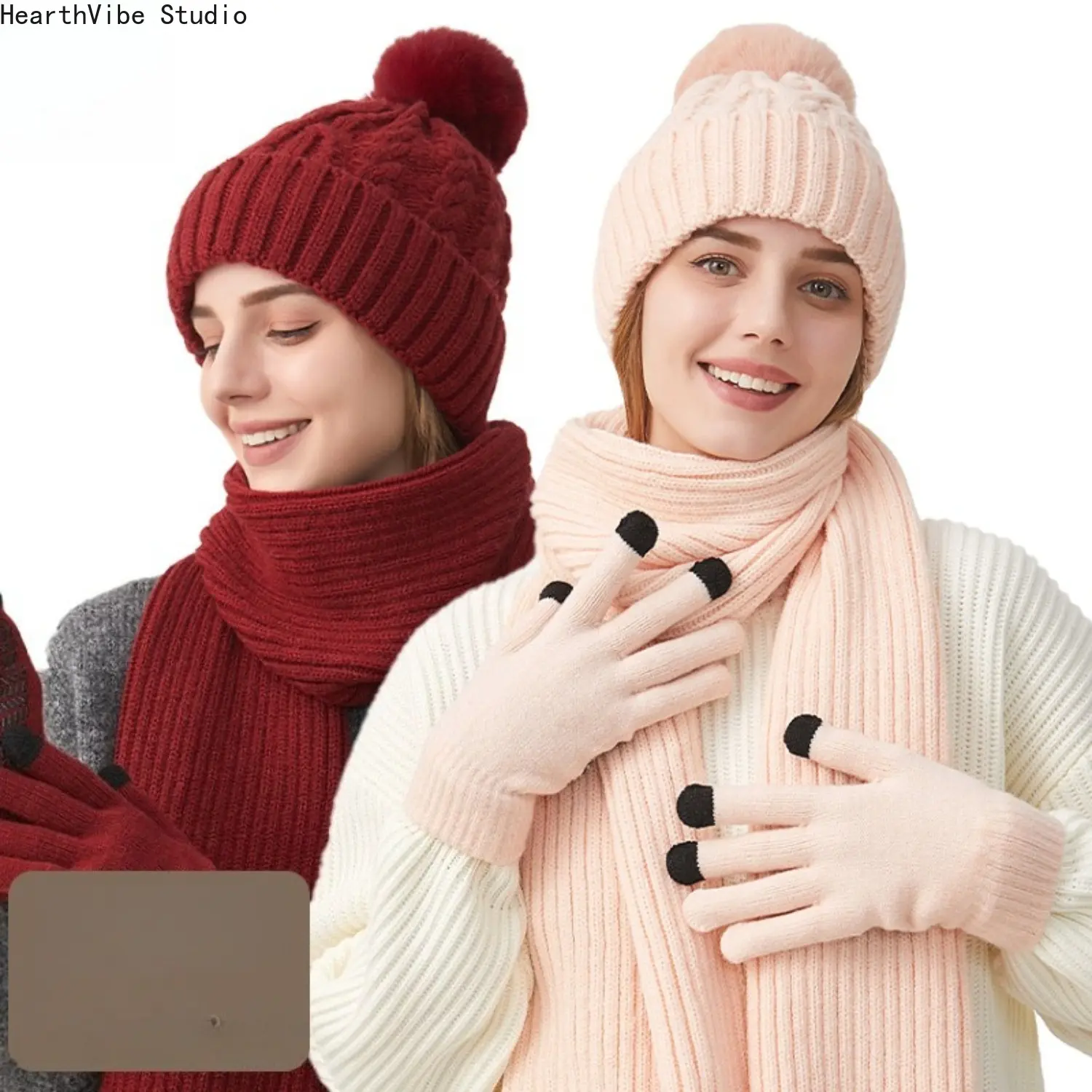Women's 3-in-1 Winter Unisex Clothes Hat-Scarf-Gloves Set, Thick Cable Knit Beanie with Faux Fur Pom Pom, Classic Long Scarf, Sensitive Touchscreen Texting Gloves (Sports & Outdoor Accessory)