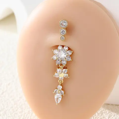 Women's Floral Belly Button Ring Navel Ring, Copper Material Plated Precious Metal, Casual Style Body Jewelry Belly Piercing Jewelry, All-Season Wear #GLOBAL PICKS