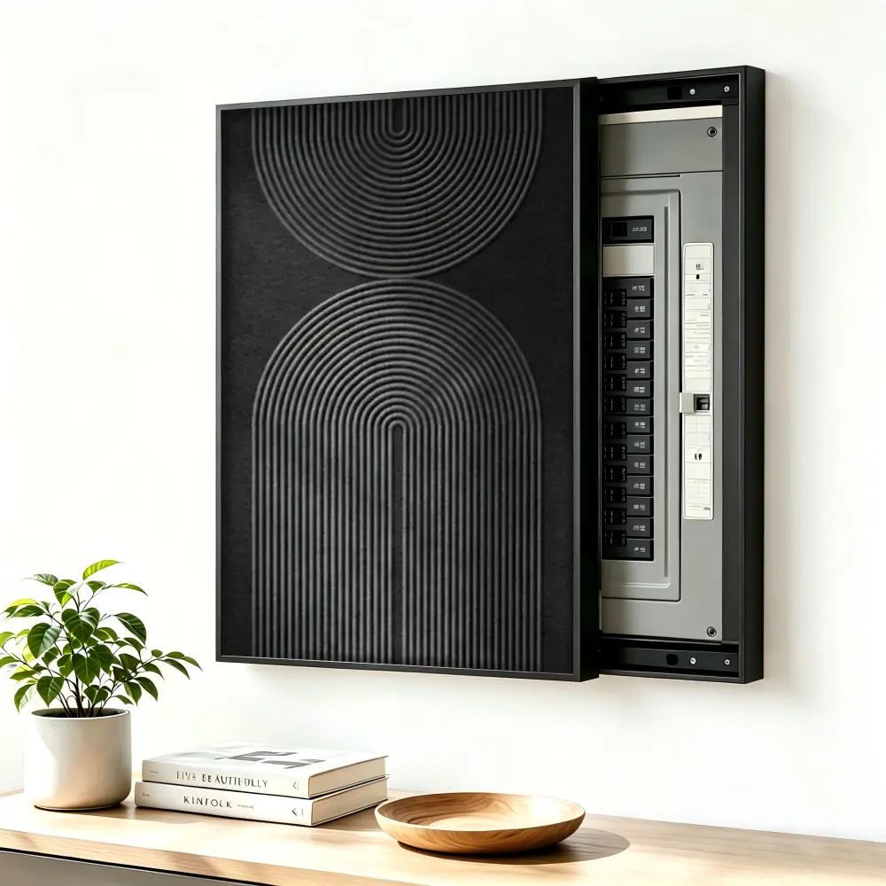 ElectricalPanel Cover Decorative Breaker Box Cover Fuse Box Cover Concentric Arcs Geometric Line Pattern Aluminum Alloy Frame With High Quality Canvas, LivingRoom Home Office