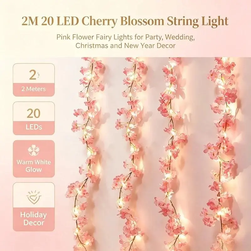 2M 20 LED Cherry Blossom String Lights, Decorative Fairy Lights for Garden Party Wedding Christmas New Year Decor, Party Decoration