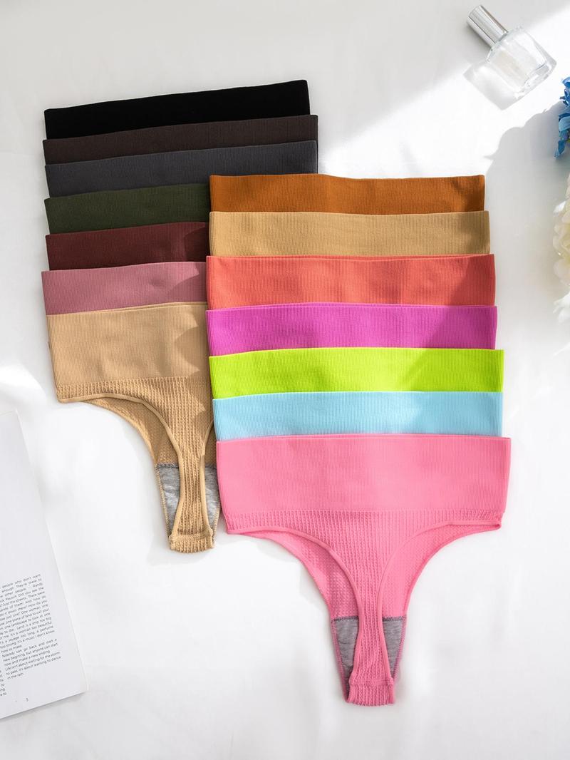 Women's Solid Color High Waist Thong, Pastel Soft Comfy Breathable Fit Seamless Panties for Daily Wear, Ladies Underwear for All Seasons