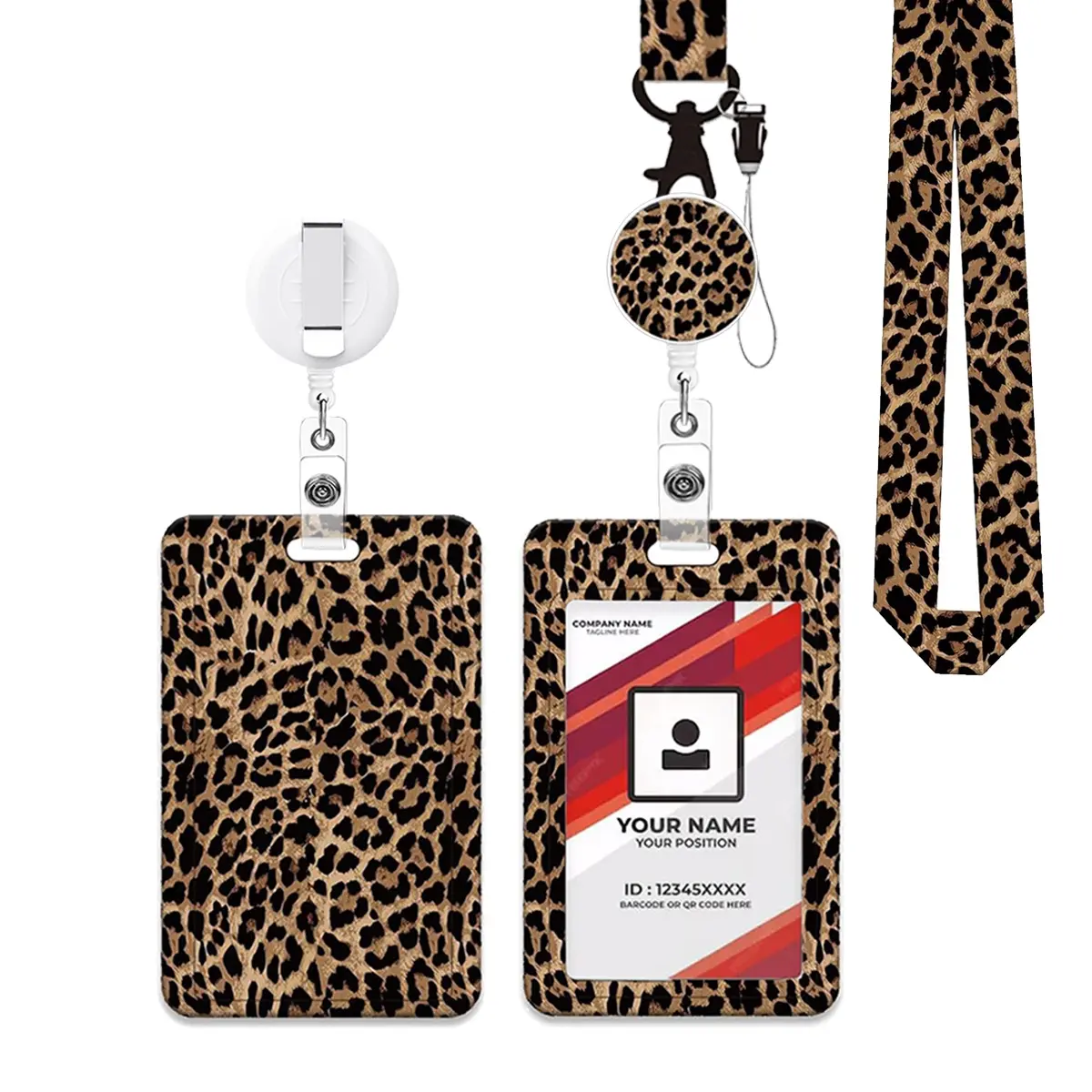 Leopard Print ID Badge Holder, Meal Card Access Control Keychain, Employee Factory Badge Lanyard, Stretch Identification Card Strap