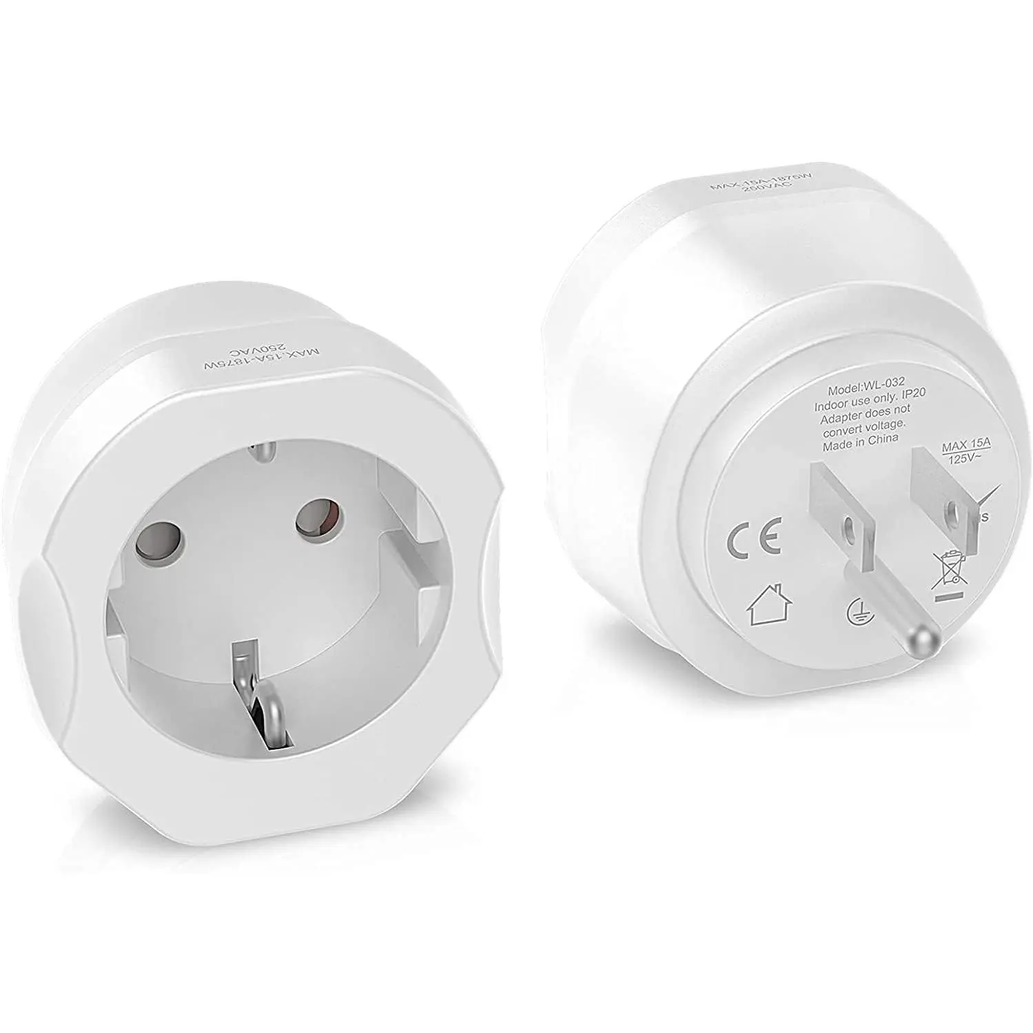 1 Pack Compact EU to US Plug Adapter - 100V to 250V Wide Voltage Travel Converter for EU Spain France Type C/E/F Plugs Compatible with iPad, Headset (Up to 3750 W)