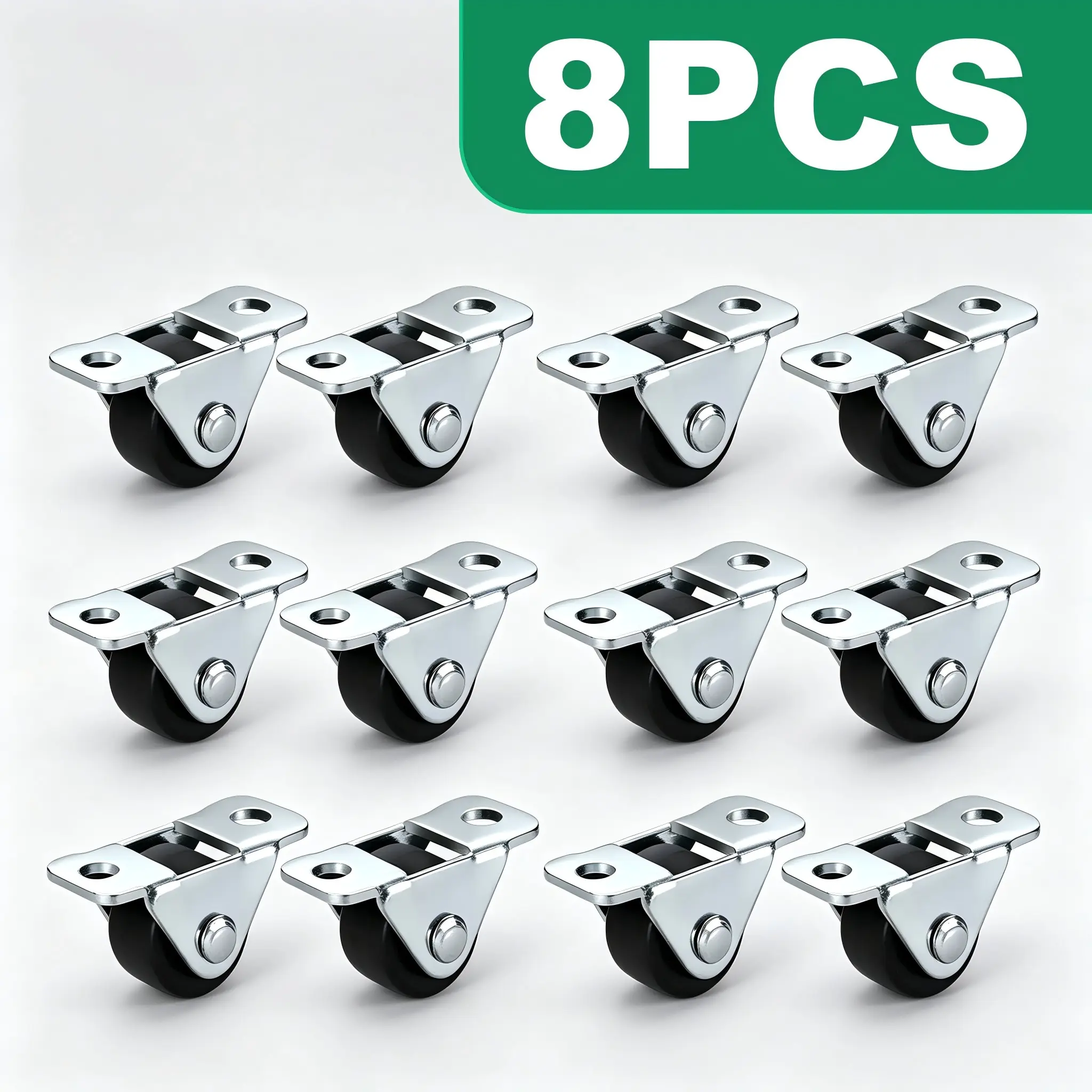 8 Piece 0.5 Inch Directional Casters, Silent Rubber Furniture Wheels, Thick Steel Load Bearing, Fits Drawers, Storage Cabinets, Kitchen Appliances