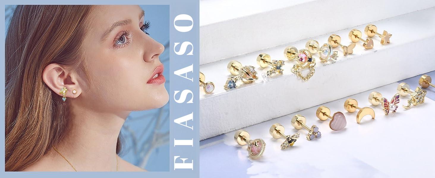 FIASASO 16Pcs Dangle Cartilage Earrings for Women Men Stainless Steel Tragus Stud Earrings 16G and 20G Butterfly Heart CZ Opal Flat Back Earrings Cartilage Tragus Conch Helix Daith Piercing Jewelry