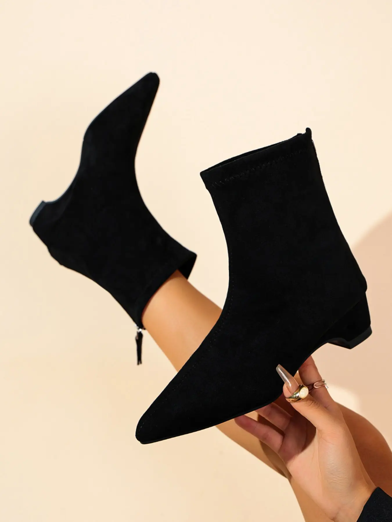 Women's Elastic Slim Fit Boots, Plain Color Pointed Toe, Korean Style Casual Shoes, Spring & Fall, Rubber Sole, All Ages