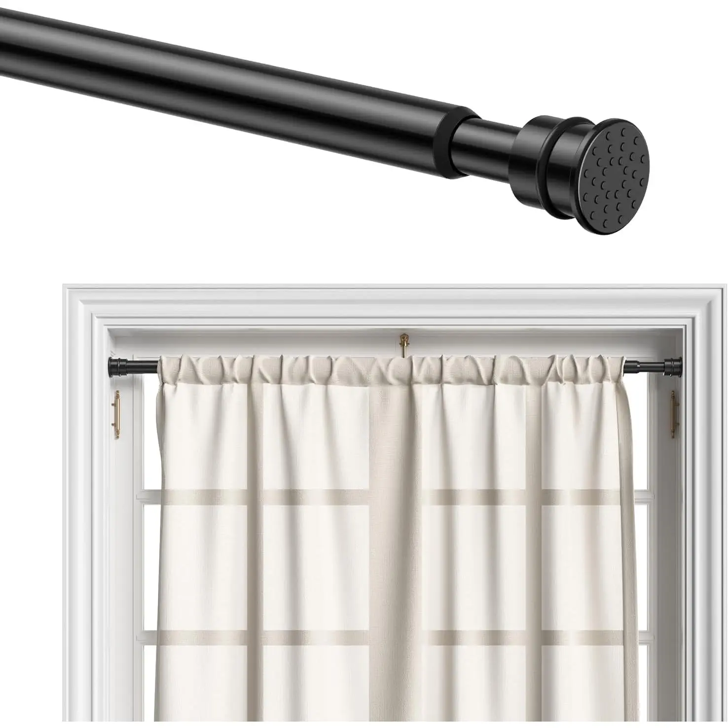Curtain Rods No Drilling 28-48" 1/2" Diameter Renter Friendly Black 1 Pack | Fits Windows, Kitchen, Closet & Doorways, Spring Tension Design, Non-Slip Two Ends, Rust Resistant, Tool-Free Setup