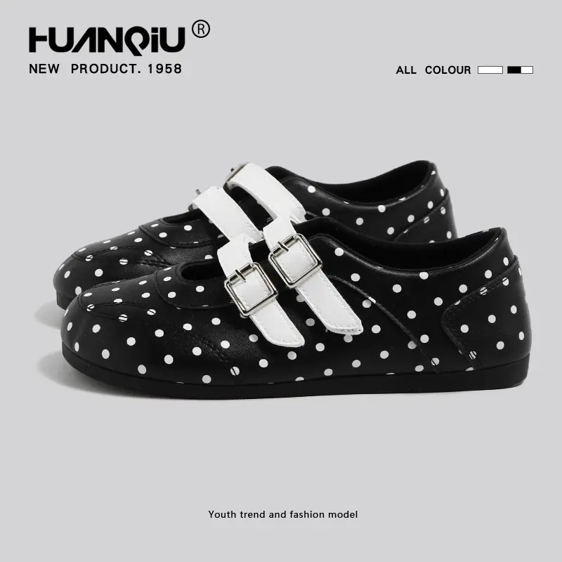 HUANQIU Retro Polka Dot Women's Shoes Double Buckle Strap Flat Shoes Black and White Polka Dot Soft Leather Casual Small Leather Shoes Versatile Sweet Girl Ballet Flat Sandals