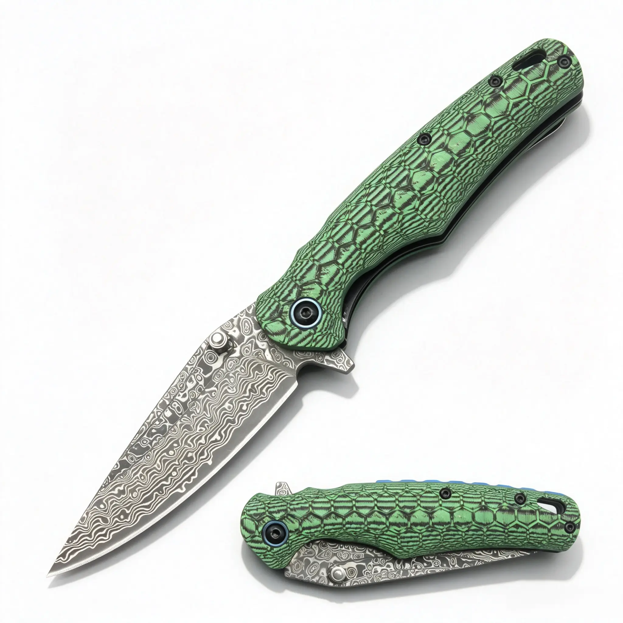 Damascus Steel Folding Pocket Knife with G10 Handle, Ball-Bearing Pivot System - Metal Blade Folded Knife for Adults, Fishing, Bushcrafting (Portable Tool for Outdoor Use), Hiking