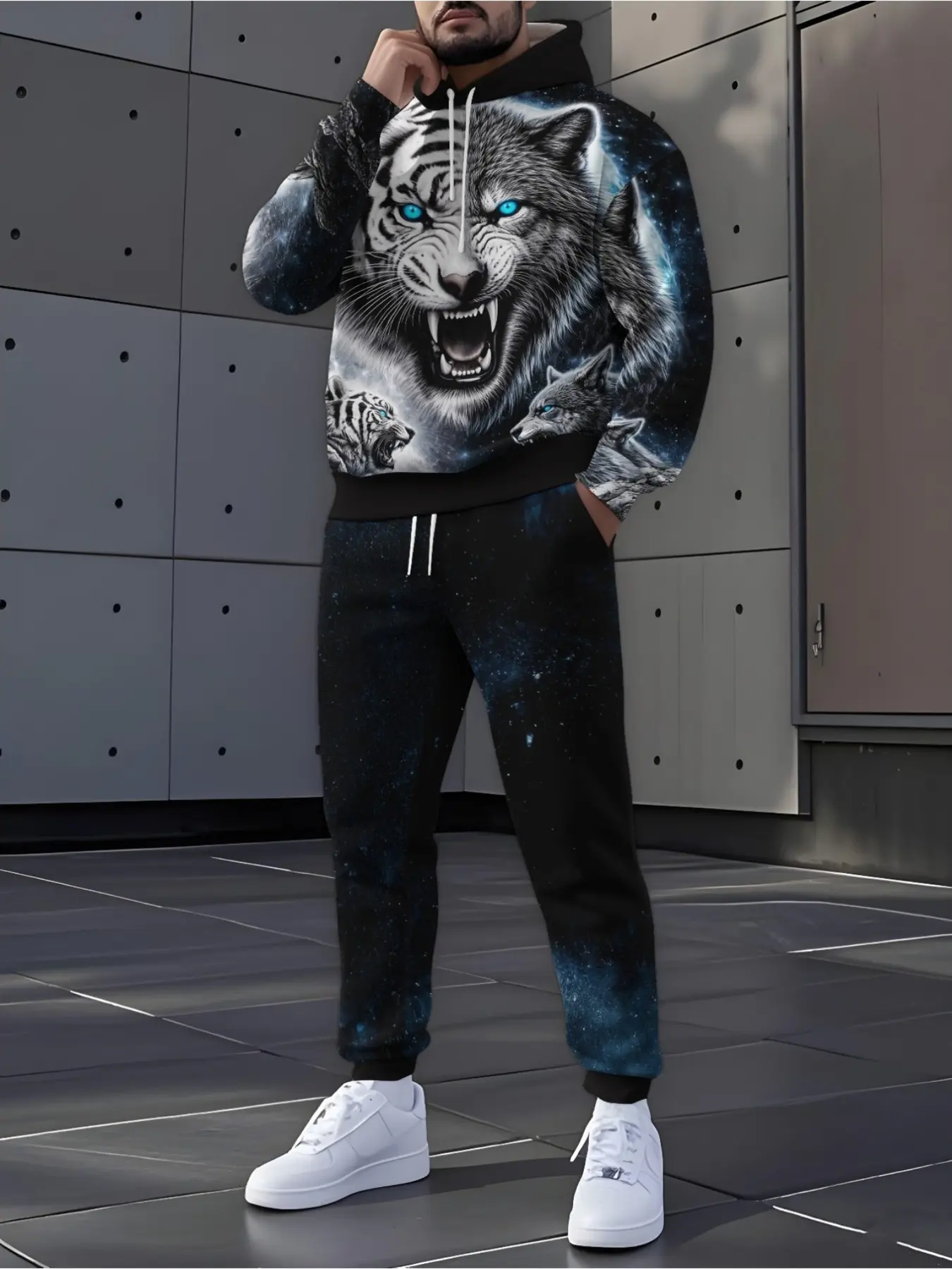 The Men'S Hoodie Set Features A Fierce Tiger And Wolf Star Print, A Fashionable And Casual Two-Piece Sportswear Made Of Skin Friendly Fabric, Making It A Fashionable Daily Outdoor Outfit, Casual Athletic Sportswear