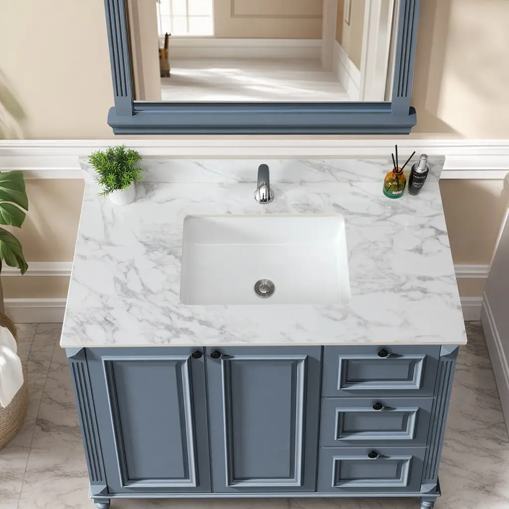 ARCH 43x22 Inch Sintered Stone Bathroom Vanity Top with Undermount Ceramic Sink, White Carrara Engineered Stone Countertop with Backsplash, Single Faucet Hole, American Design, for Bathroom Renovation, White Color Options, Sintered Stone Material