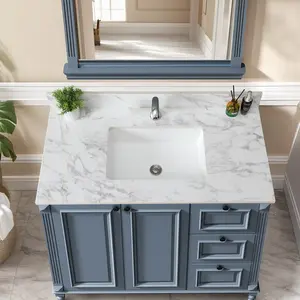 ARCH 43x22 Inch Sintered Stone Bathroom Vanity Top with Undermount Ceramic Sink, White Carrara Engineered Stone Countertop with Backsplash, Single Faucet Hole, American Design, for Bathroom Renovation, White Color Options, Sintered Stone Material