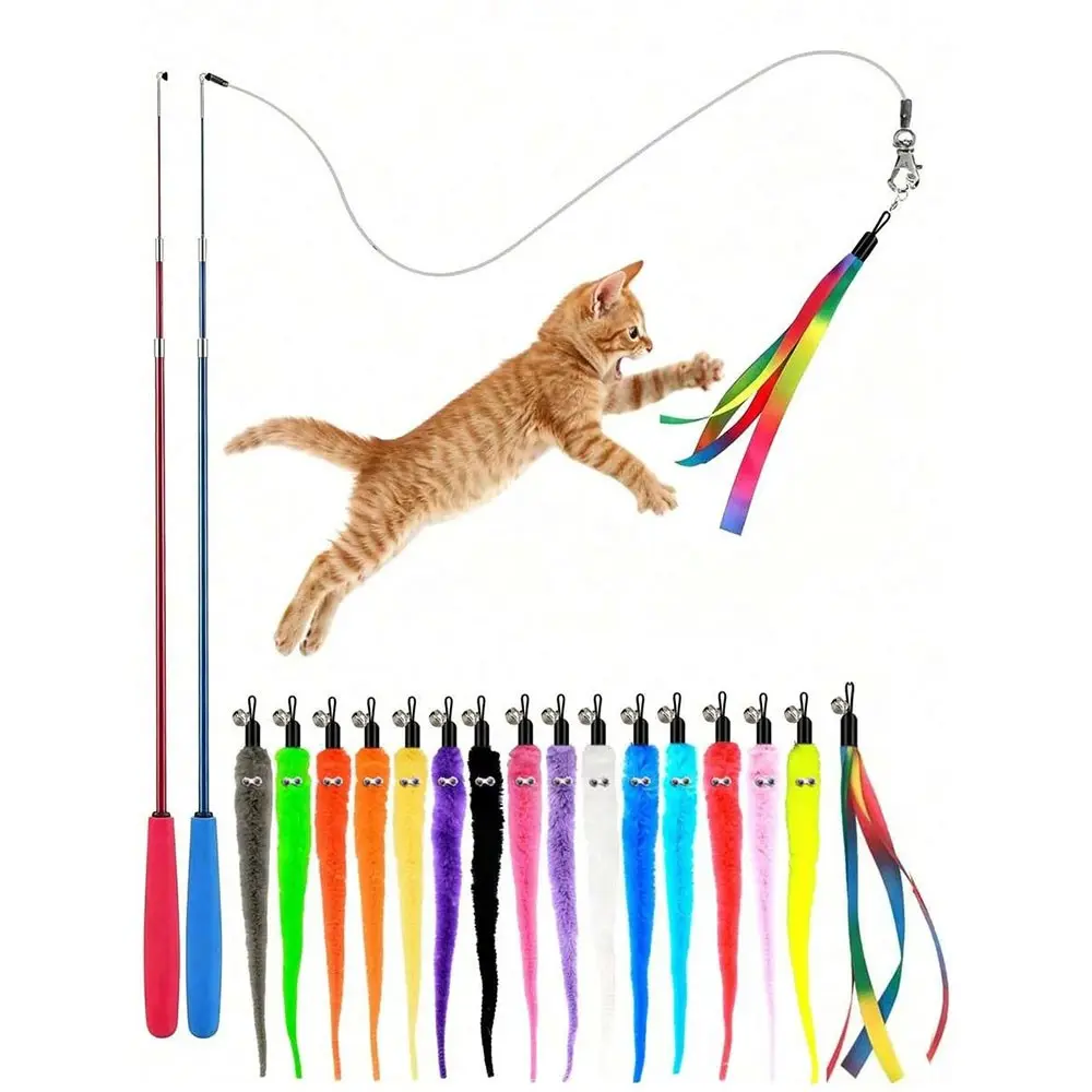 Retractable Cat Teaser Wand Toy With Replacement Refills, Colorful Plush Worm And Rainbow Ribbon Cat Teaser Accessories, Interactive Kitten Chasing Play Toy, Indoor Exercise Supplies, Suitable As Holiday Gift For Cat Owners