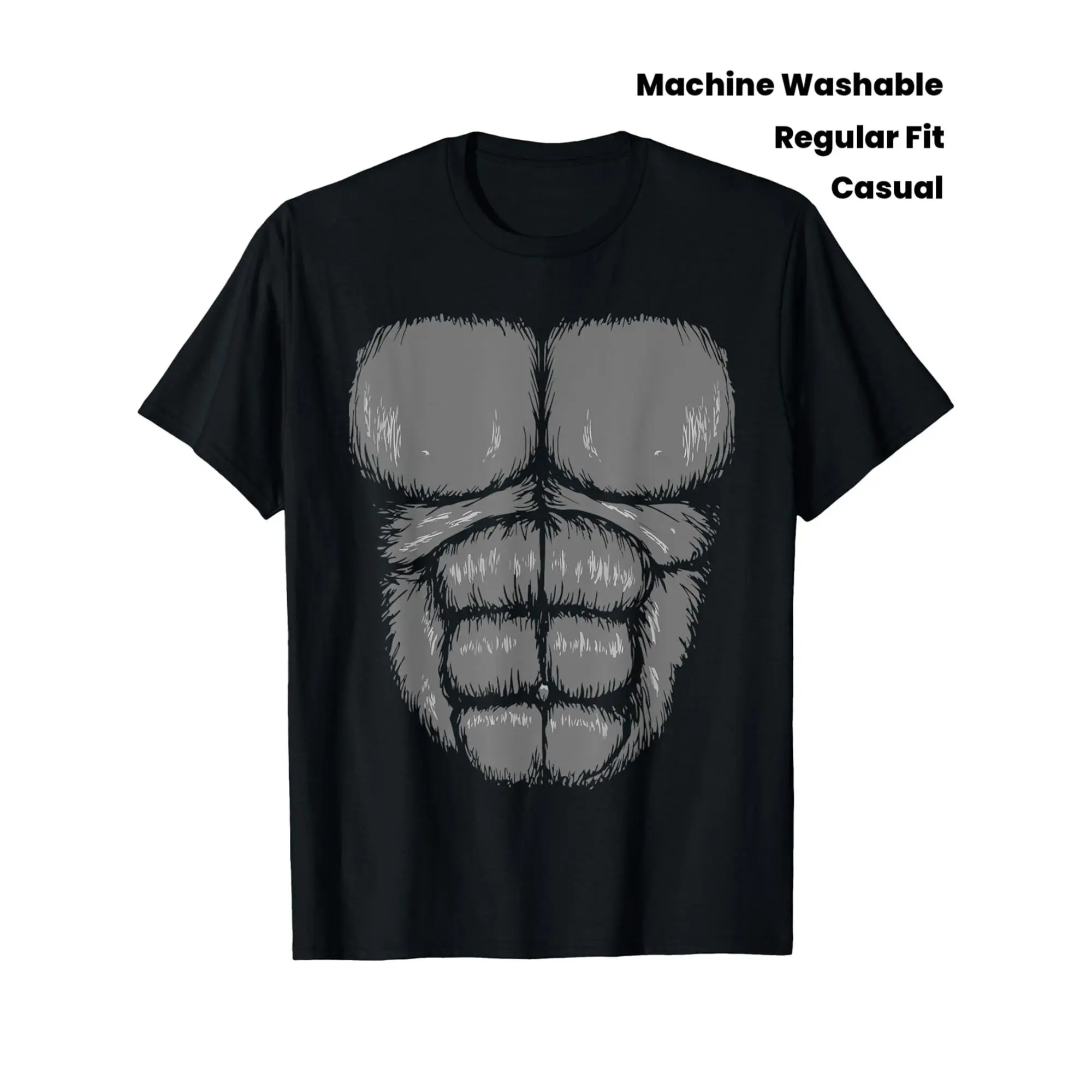 Men's Fun Gorilla Belly Graphic T-Shirt- 100% Cotton Soft Breathable Regular Fit Crew Neck Tee, Black Casual Shirt for Halloween Costumes, Casual Attire& Gifts, Gorilla Costume, Easycare Clothing, Playful Design, Machine Washable, Gift Idea, Durabl