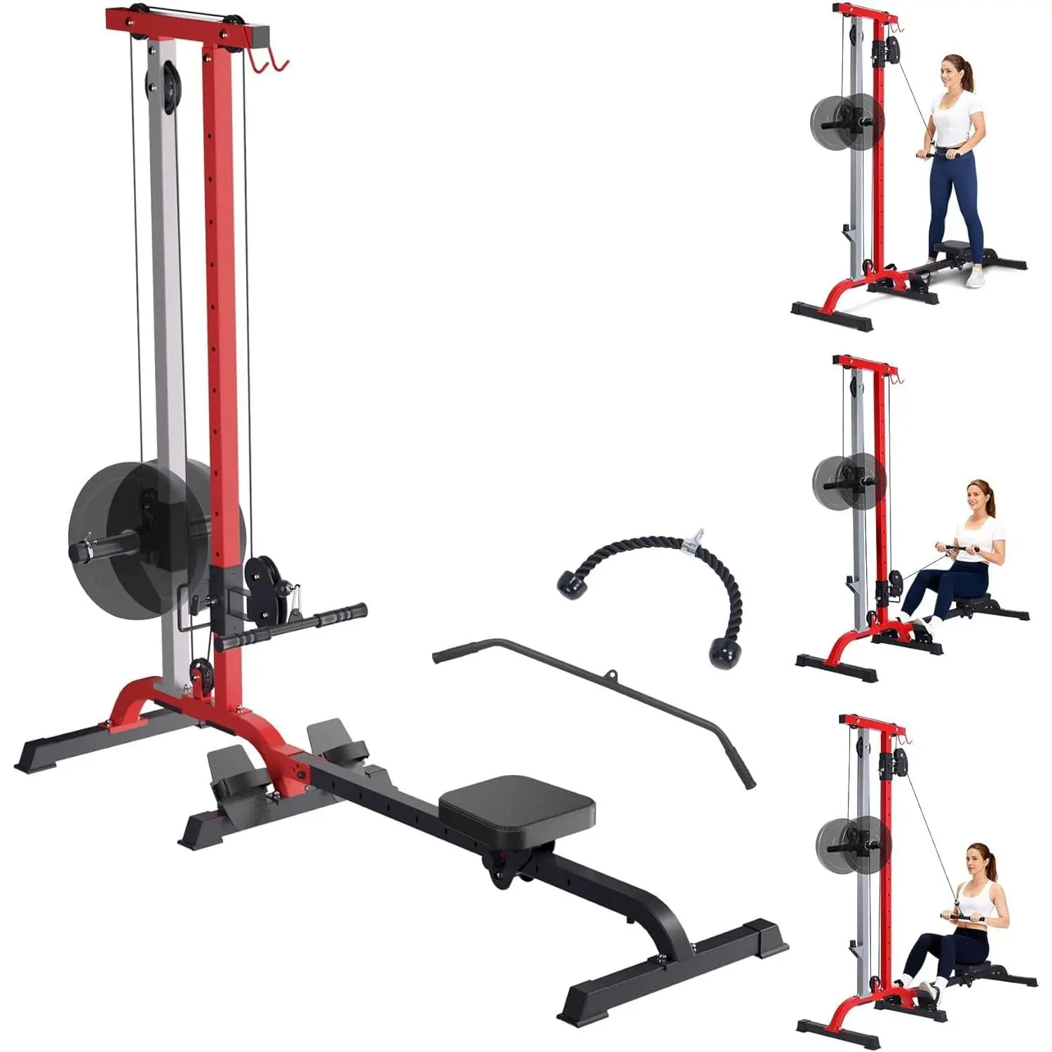 2-in-1 Rowing & Cable Machine for Home Gym – Adjustable Resistance – LAT Pull Down & Low Row – High/Low Pulley Stations – Compact Full Body Strength Training Fitness Equipment – Durable Carbon Steel – Black Red