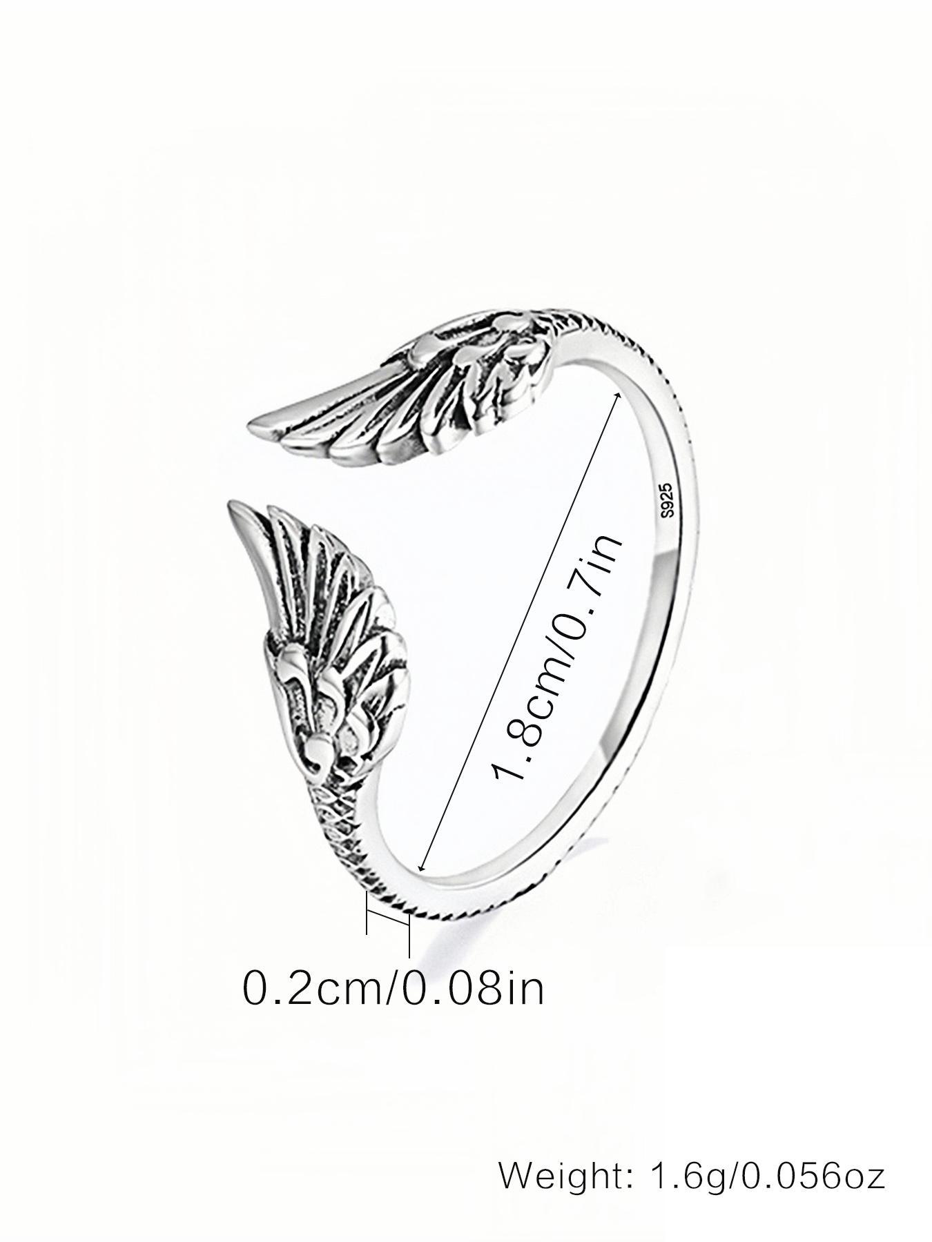 S925 Sterling Silver Vintage Angel Wing Design Cuff Ring, Open Ring, Fashion Jewelry Accessories for Women & Girls, Trendy Exquisite Jewelry for Birthday Gift