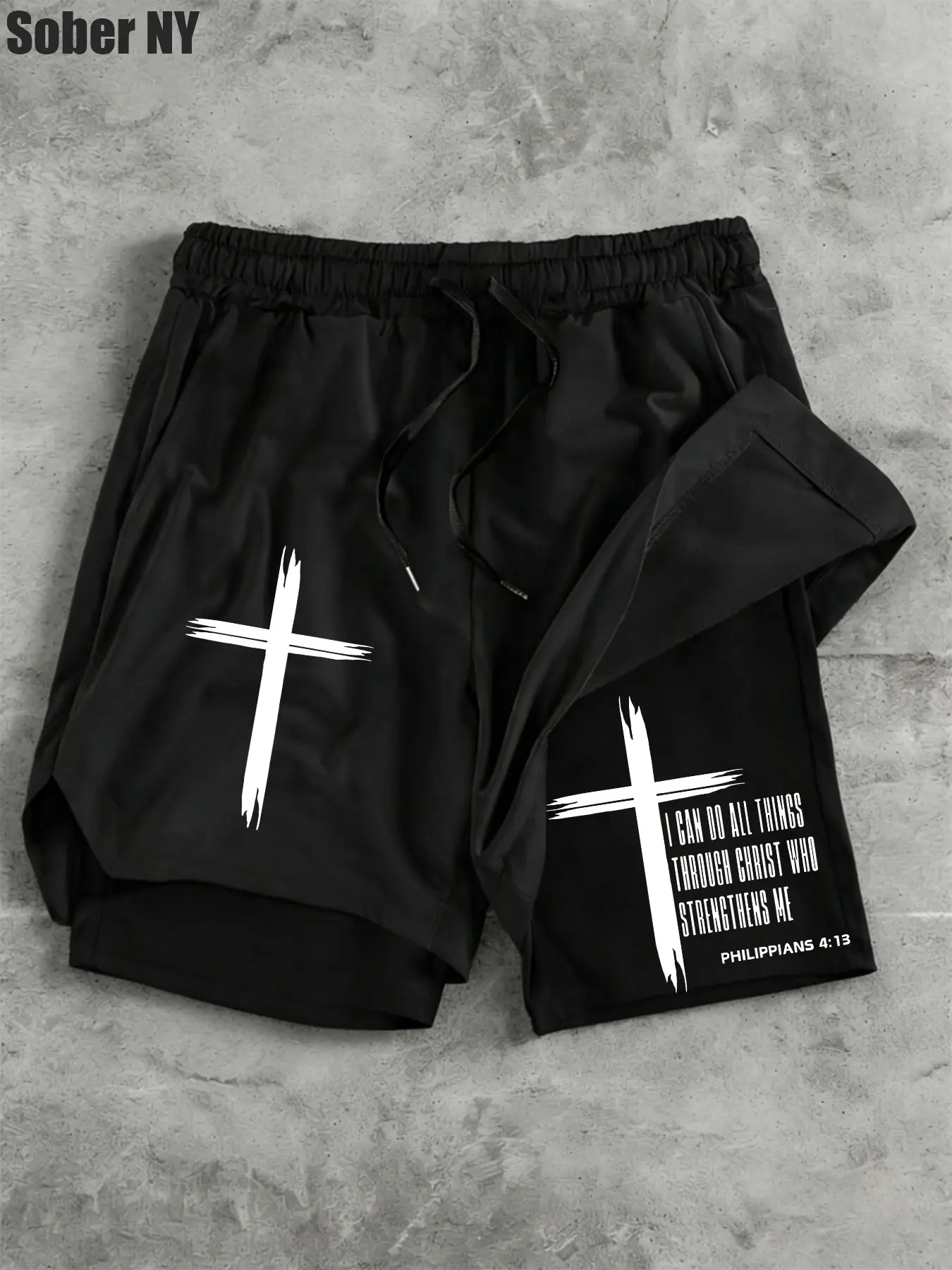 2-In-1 Anti-Sheer Gym Shorts, Drawstring Sports Shorts, Drawstring Active Shorts, Drawstring Athletic Shorts, Christian Scripture Cross Print, Breathable Quick-Dry Fitness Basketball Five-Pocket Pants