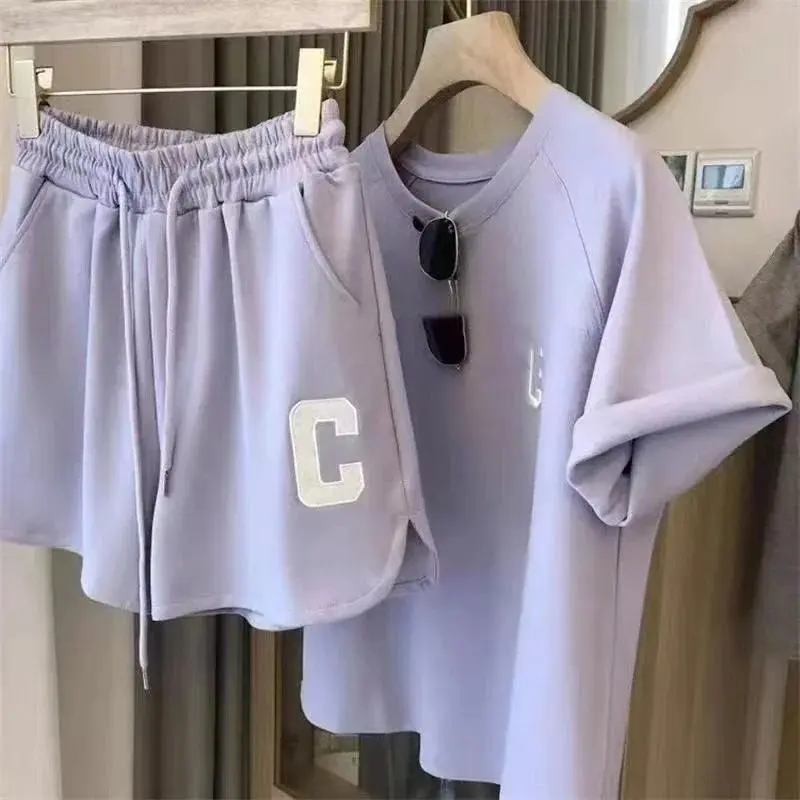 2026 new hot item Korean version women's summer loose sports short sleeved shorts set embroidered letter C home casual fashion set