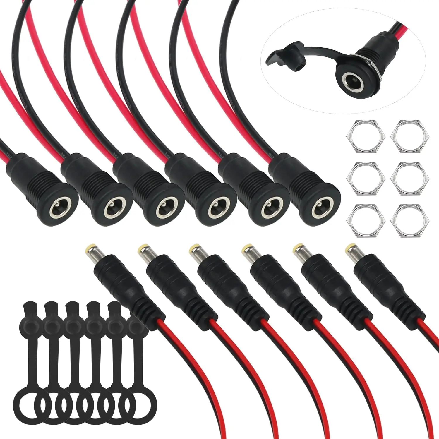 6 Sets 5.5 x 2.1mm DC Power Jack Threaded Female Panel Mount Barrel Connector Adapter Kit with Cover Cap OLA012
