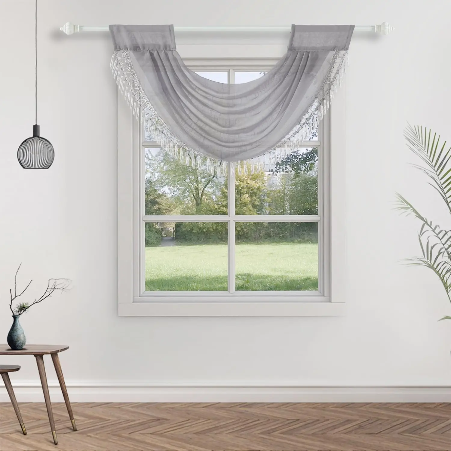 Swag Valance for Windows Faux Linen Sheer Waterfall Valance Elegant Beaded Valance Curtain for Bathroom, Kitchen, Small Windows (1 Valance, 29 x 16 Inch) (Gray)