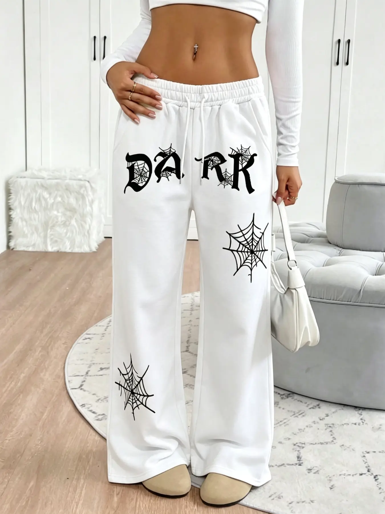 Y2K Vibe Drawstring Waist Wide Leg Sweatpants Gothic Spider Web Dark Letter Graphic Print Loose Fit Streetwear Casual Daily Party Night Outfit Trendy Aesthetic Goth Pants