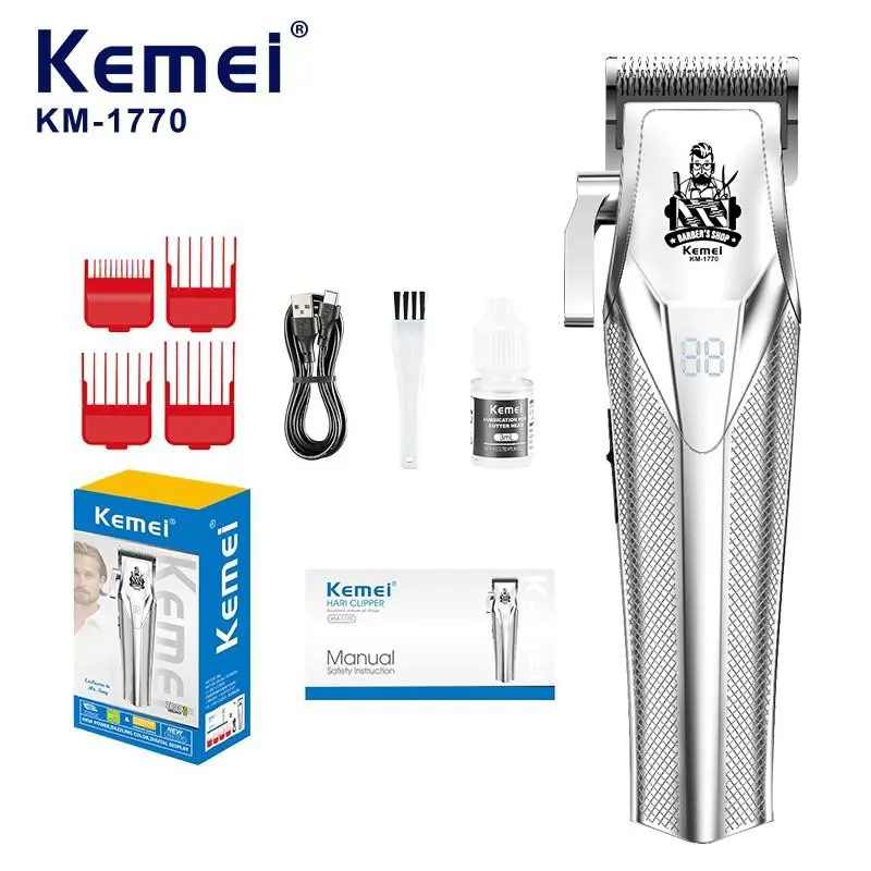 KM-1770 Professional Cordless Hair Clipper, Low Noise, Skin-Friendly, Adjustable Lengths, Rechargeable Lithium-Ion Battery, Zero-Gap Blade, LCD Display, Metal Body, Suitable for All Ages