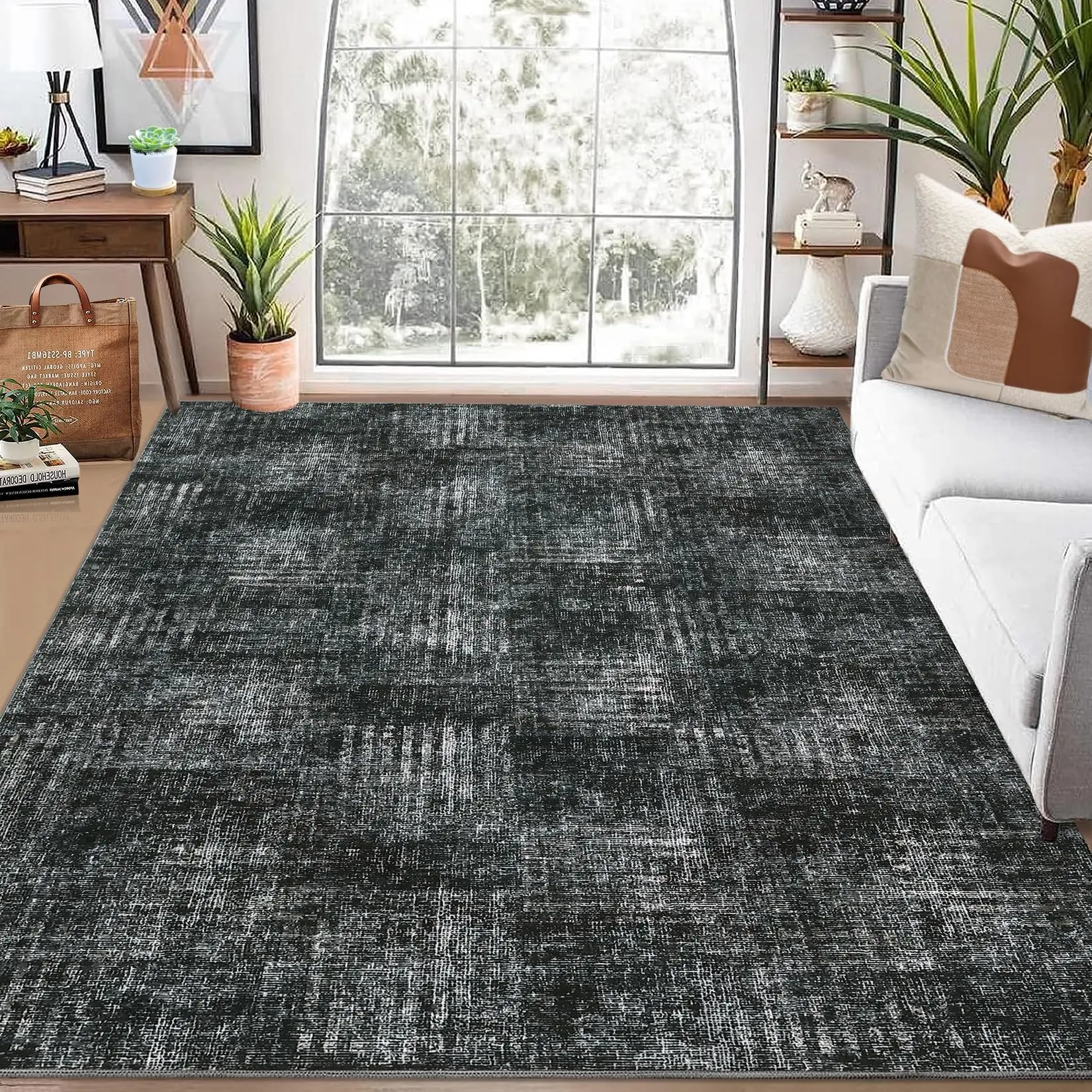 Garvee - Large 9 x 12 inch machine washable rug for living room, checkered, stain resistant, non-slip, modern and abstract aesthetic for home decor, gray