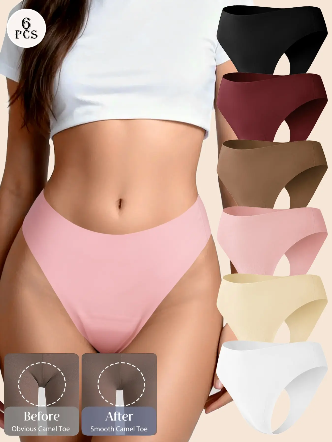 6 Pcs Camel Toe Seamless Thongs for Women, G-String Panties, No Show Underwear, Comfortable for Yoga Sports, All Seasons, Fitted Style