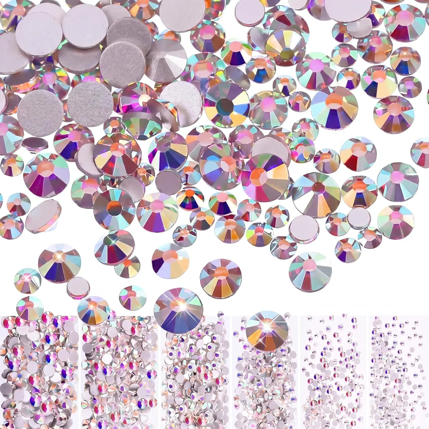 3456 Pcs Crystals Diamond Rhinestones AB Clear Flat Back Round Gems Flatback Glass Mixed Size Crystals Gems for Crafts Clothes Shoes Makeup Bags Decor, 6 Sizes(Iridescent)