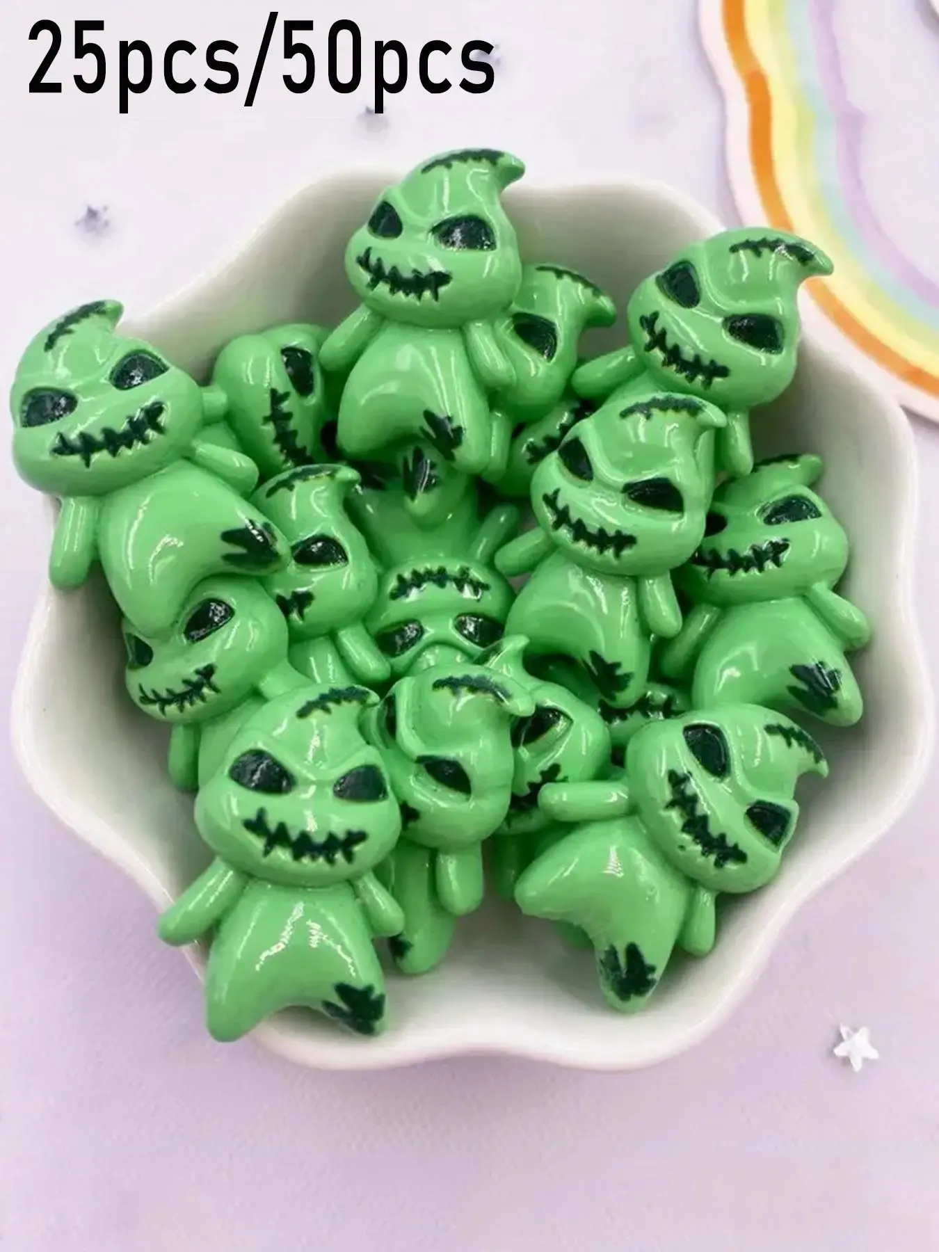 25pcs/50pcs Resin Green Ghost Accessories, Flat Bottom Cabochon Stone Statues, Applique Decoration, Handicraft Materials, DIY Crafts, DIY Christmas, Halloween Theme, Scrapbooking Jewelry Making Accessories, Fun Small Ornaments, Beading Supplies