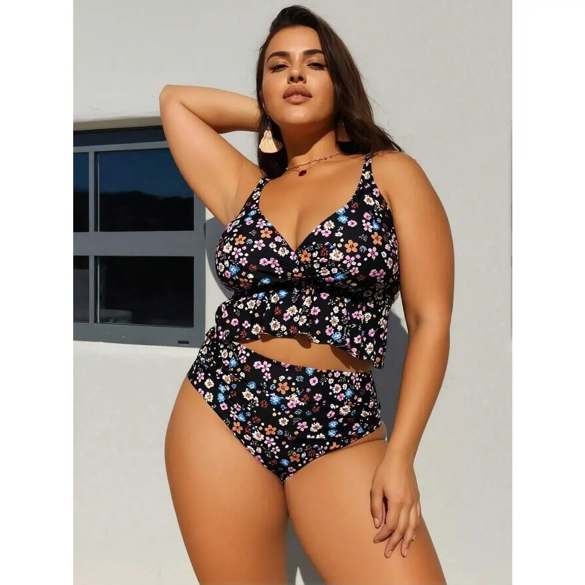 Plus Size Bikini Set, Boho Ditsy Floral Print with High Waist Ruffle Hem, V-Wired Push Up Top, 2-Piece Knit Fabric Swimming Suit, Machine Wash, 2-Pieces