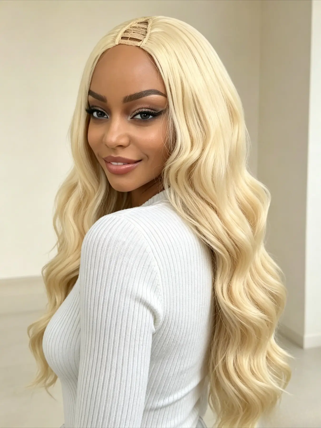 Light Blonde 613 V Part Wig Body Wave 26 Inch Long Hair, Glueless Wear and Go U Part Clip In Wig, Realistic Synthetic Half Wig for Black Women