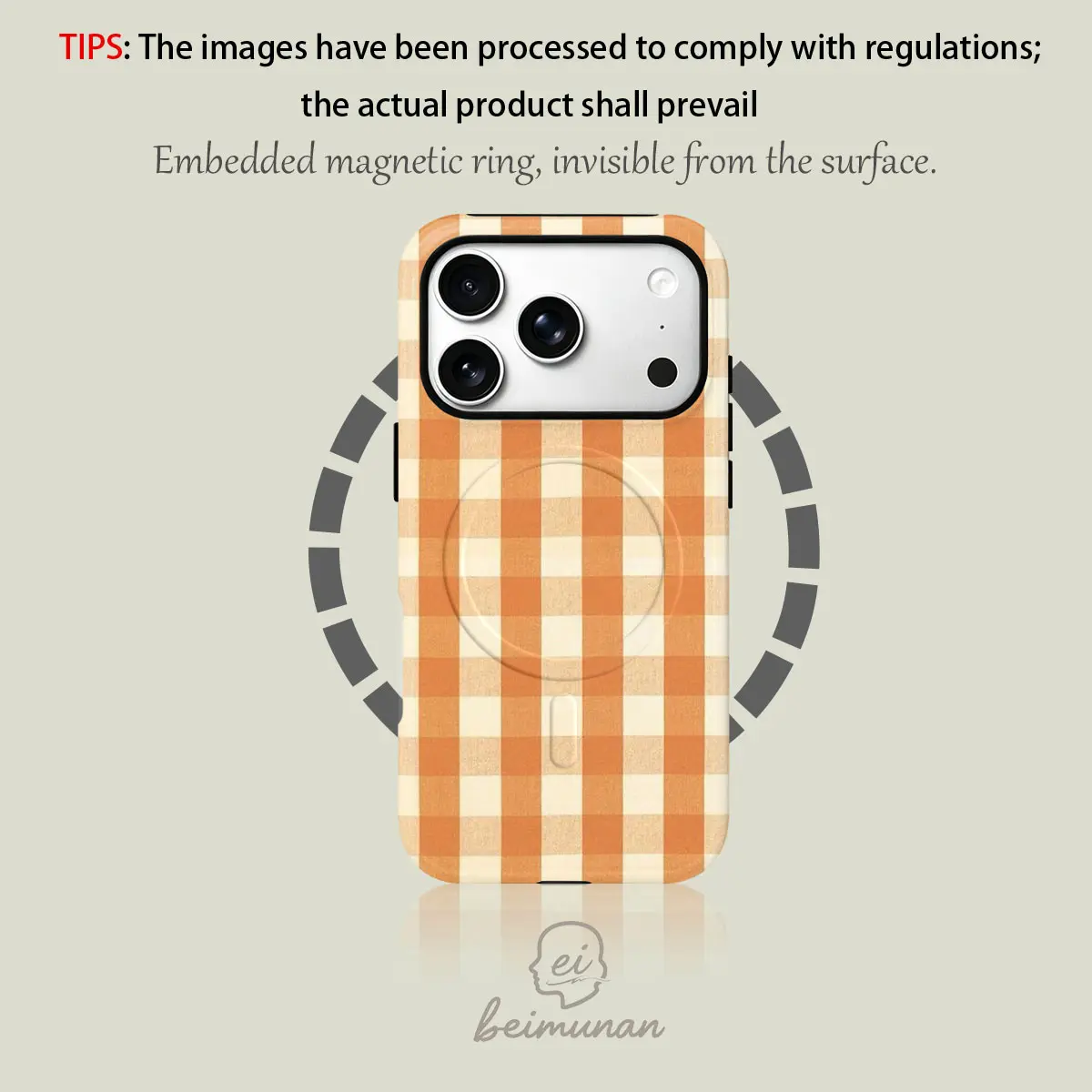 Orange and white checkered pattern printed phone case, sturdy 2-in-1 protective case, MagSafe compatible, suitable for iPhone 17, 16, 15, 14, 13, 12 Pro Max/Plus/Pro series. A simple and stylish protective case, perfect as a holiday gift.
