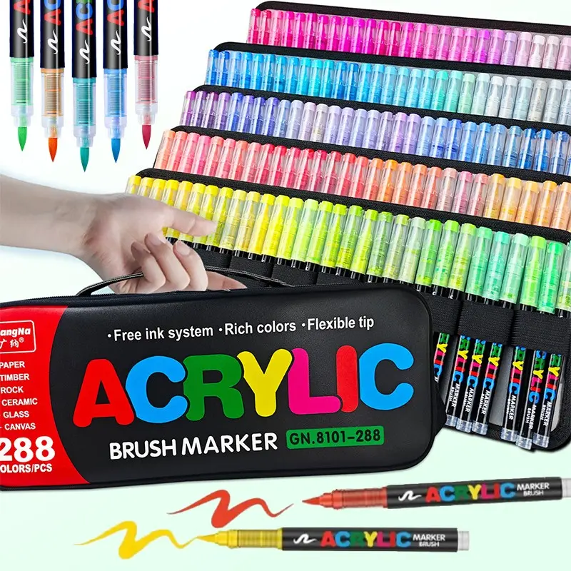 Guangna 8101 Acrylic Paint Markers, 240/288 Colors, Large Capacity Soft Tip Liquid Type, Visible Ink, No Pressing Required, Student Creative DIY Art Markers