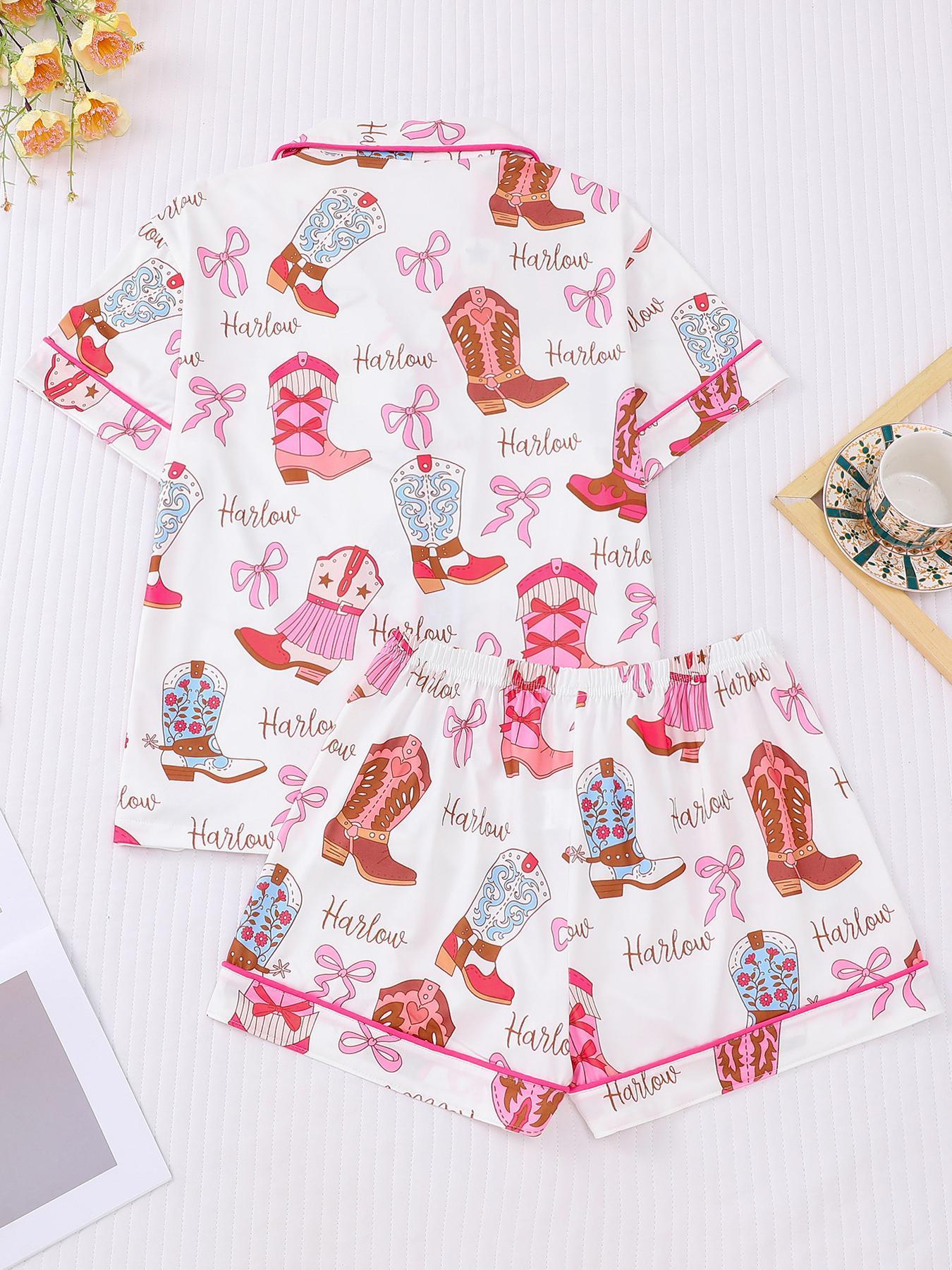 Women's All Over Cowboy Boots Print Pajama Two-piece Set, Casual Comfy Short Sleeve Lapel Neckline Tee & Shorts PJ Set, Ladies Summer Sleepwear