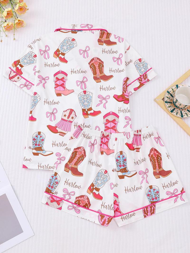 Women's All Over Cowboy Boots Print Pajama Two-piece Set, Casual Comfy Short Sleeve Lapel Neckline Tee & Shorts PJ Set, Ladies Summer Sleepwear