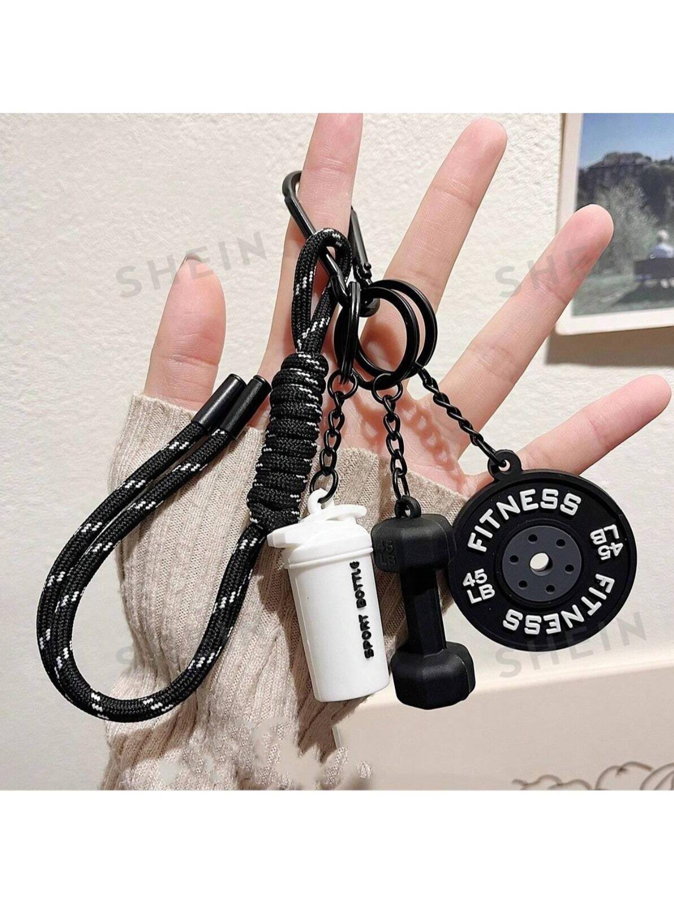 Fitness Gym Keychain, Barbell & Dumbbell Pendant Lanyard Keyring with Woven White and Pink Rope, Bag/Purse Charm and Weightlifting Themed Jewelry Accessory