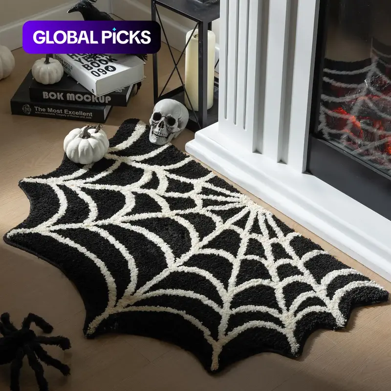 Spider Web Pattern Fluffy Area Rug, 1 Count Non-slip Soft Floor Mat, Creative Decorative Carpet for Home Living Room Bedroom, Room Decor, Black Rugs, Geometric Pattern Rug, Unique Rugs, Abstract Rugs