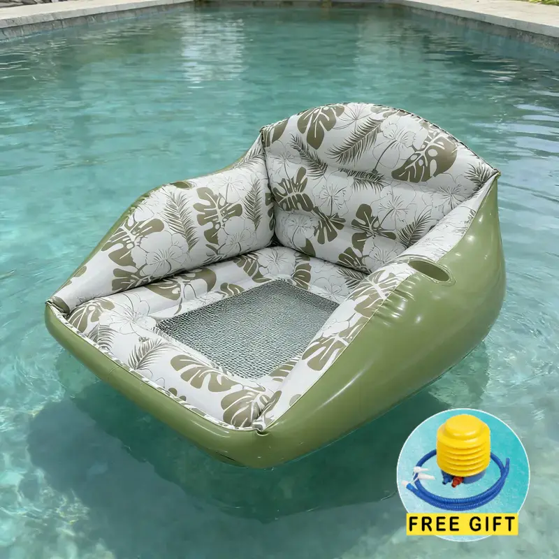 Inflatable Pool Lounger Float with Tropical Print, 3-in-1 Water Sofa & Floating Chair with Drink Holder, Hand Pump Included for Adult Outdoor Relaxation