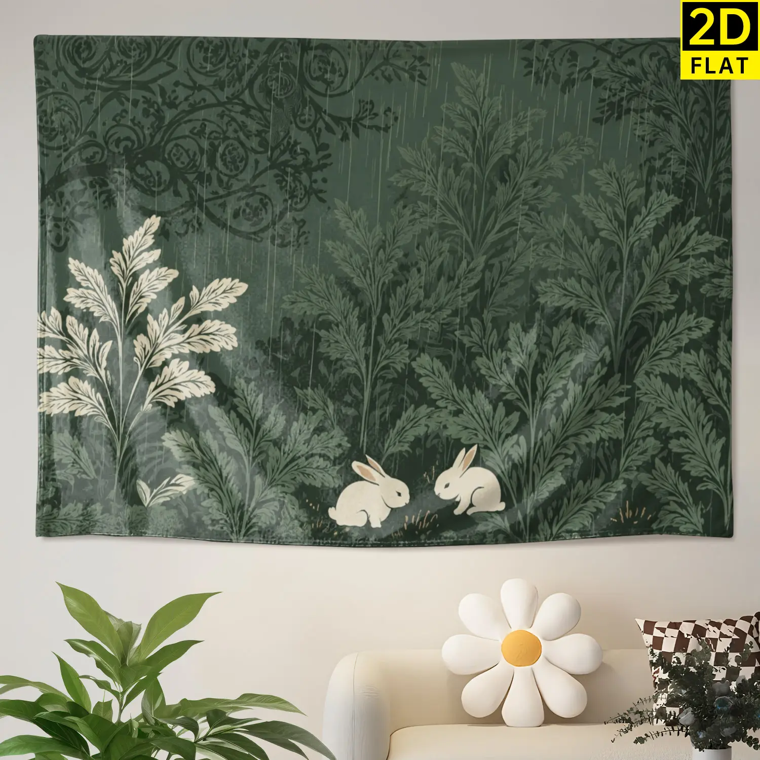 Vintage Forest Rabbit Botanical Hippie Art Wall Tapestry - Multi-Size Colorfast Large Printed Horizontal Polyester Blanket, Easy Decoration for Living Room, No-Installation Home Decor Gift for Family, Wall Decor