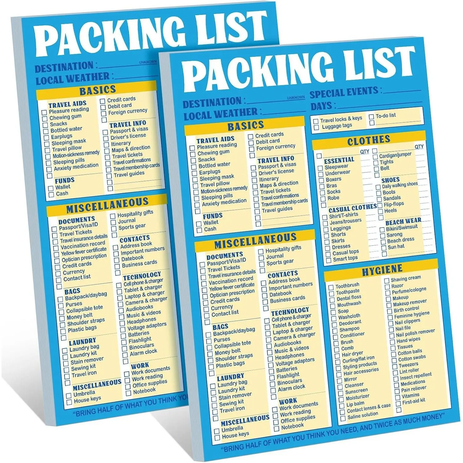 2 Pcs 120 Sheets Travel Packing List 6 x 9 Packing List Checklist Notepad Cruise Checklist Essentials Note Pad for Hiking Camping Beach Vacations Gifts